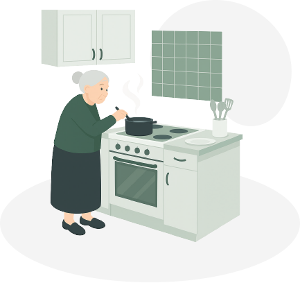 Eine Oma steht am Herd und kocht.