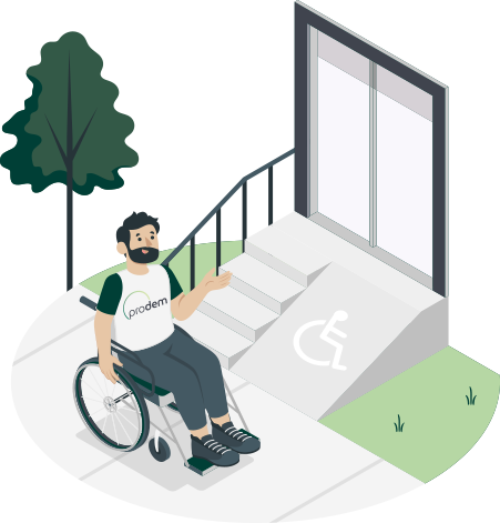 Eine Illustration mit einem Rollstuhlfahrer vor einem Eingang mit einer Rampe.