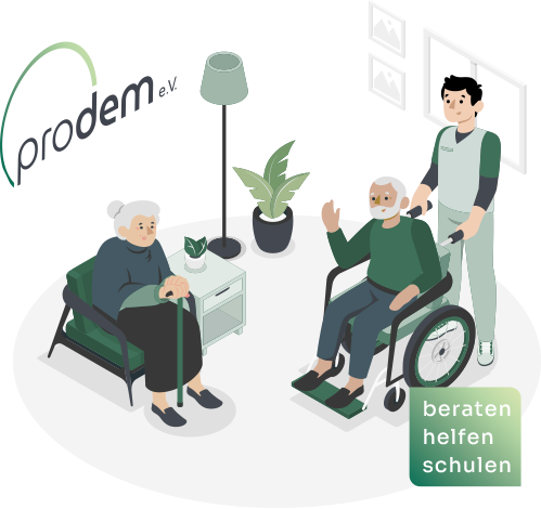 Eine Illustration mit einer Oma im Sessel und einem Opa im Rollstuhl.