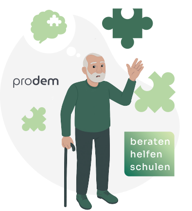 Eine Symbolgrafik, ein Opa mit Puzzleteilen und einem Gehirn in einer Sprechblase.